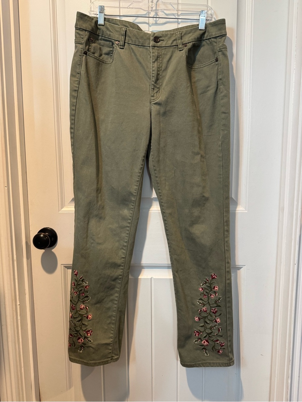 Coldwater Creek Olive Straight-Leg Jeans with Floral Embroidery